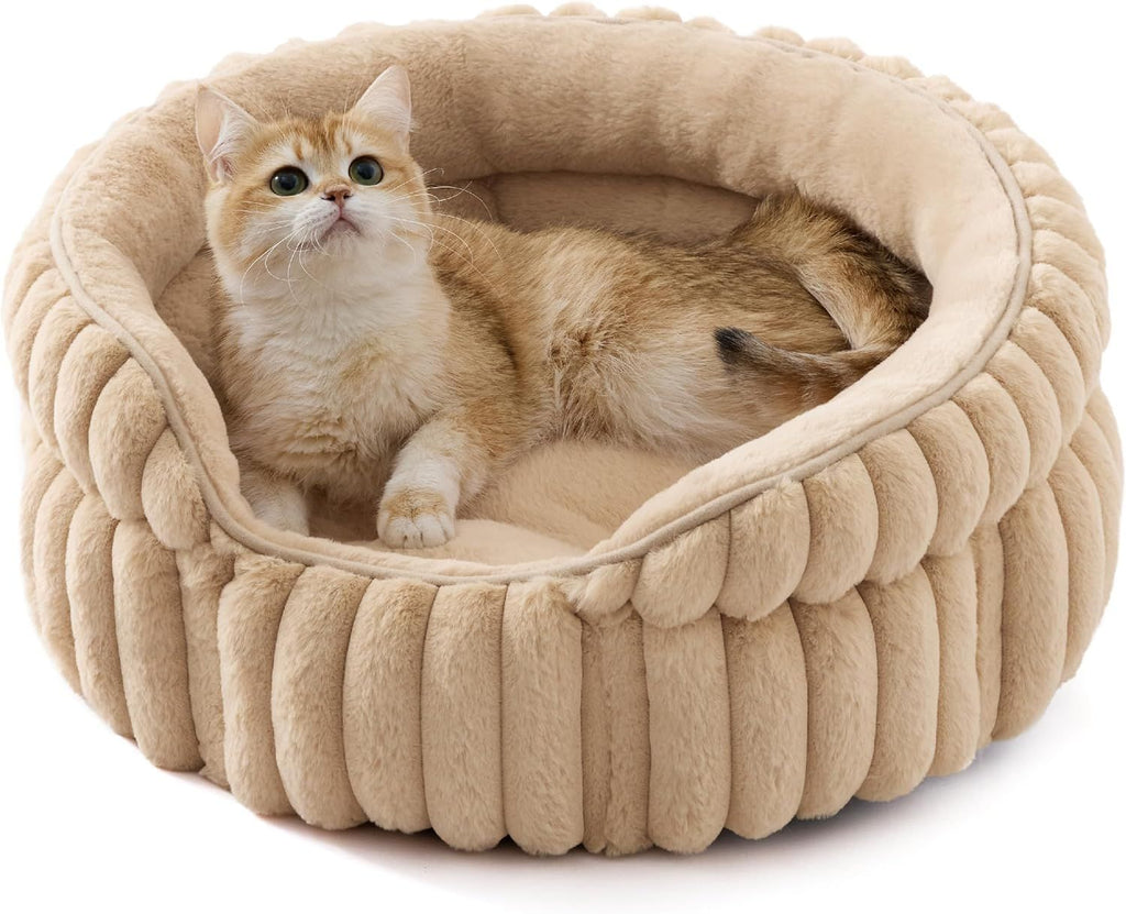 Cat Bed, Washable Round Cute Pet Beds for Indoor Cats, Super Soft Corduroy Kitten Bed with Anti-Slip Bottom, 20''x20''x8'', Sandy Beige