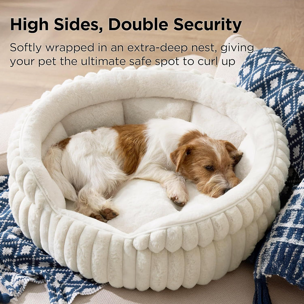 Medium Dog Bed, Washable Cute Pet Bed, Super Soft Corduroy Round Cat Bed with Anti-Slip Bottom, 26''x26''x9'', Cream