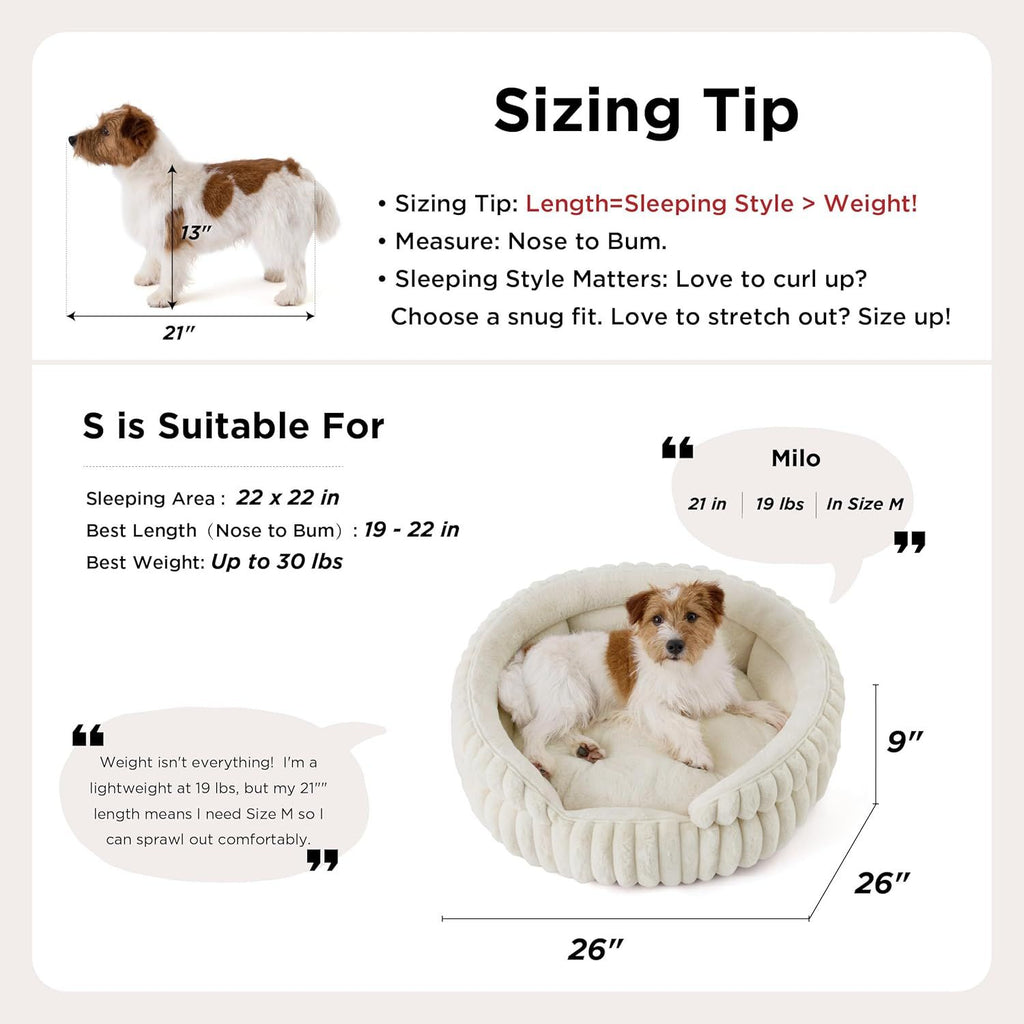 Medium Dog Bed, Washable Cute Pet Bed, Super Soft Corduroy Round Cat Bed with Anti-Slip Bottom, 26''x26''x9'', Cream