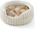 Cat Bed, Washable Round Cute Pet Beds for Indoor Cats, Super Soft Corduroy Kitten Bed with Anti-Slip Bottom, 20''x20''x8'', Cream
