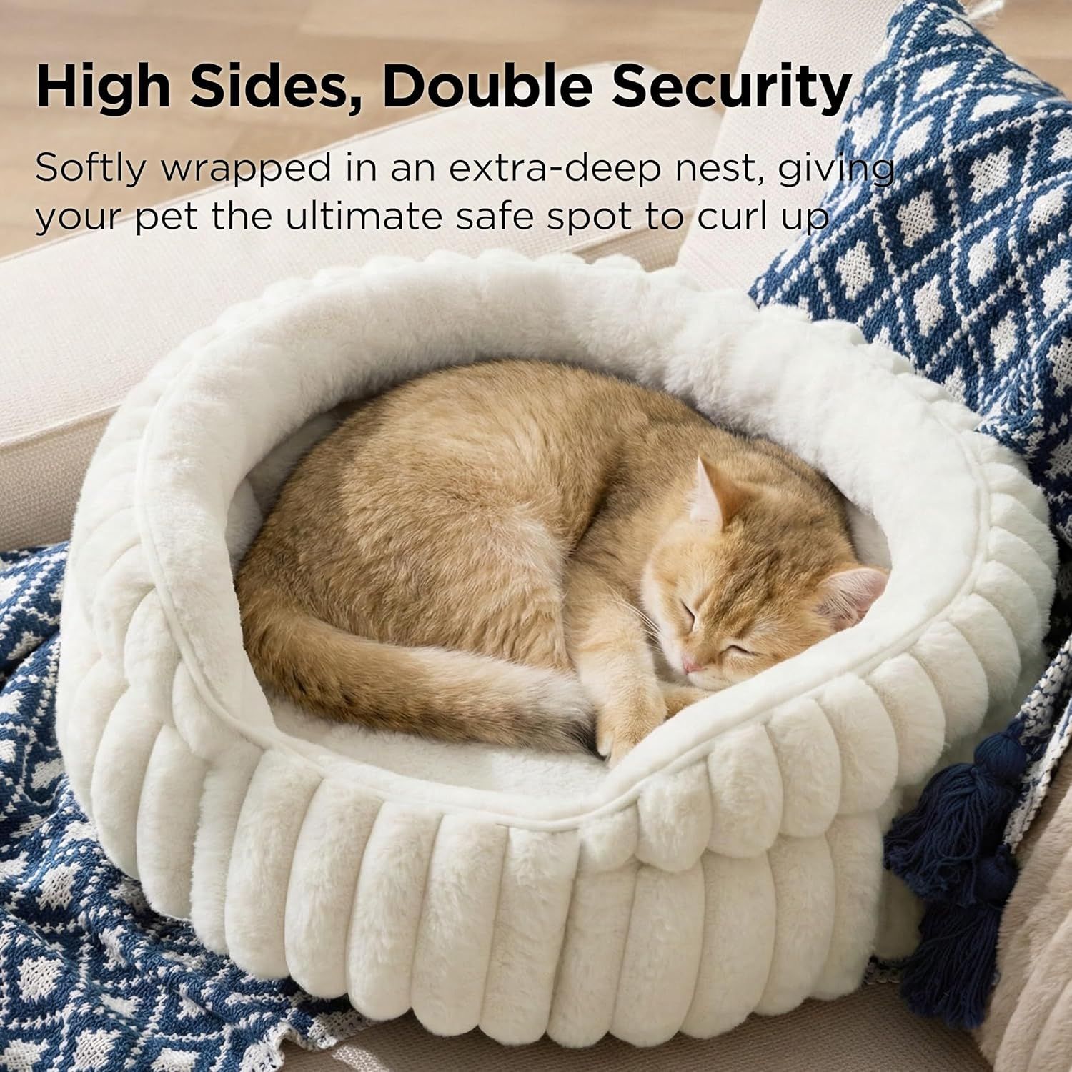 Cat Bed, Washable Round Cute Pet Beds for Indoor Cats, Super Soft Corduroy Kitten Bed with Anti-Slip Bottom, 20''x20''x8'', Cream