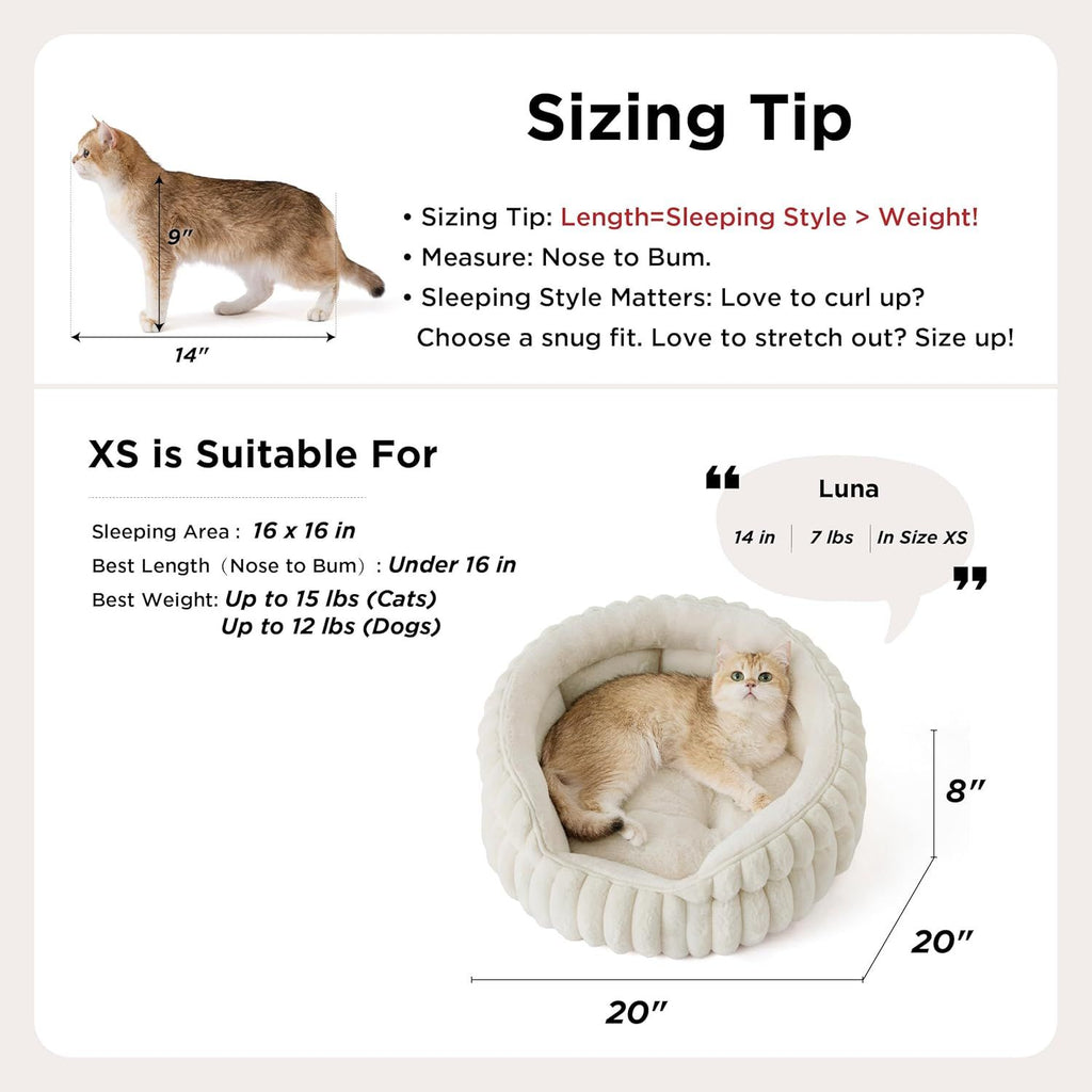 Cat Bed, Washable Round Cute Pet Beds for Indoor Cats, Super Soft Corduroy Kitten Bed with Anti-Slip Bottom, 20''x20''x8'', Cream