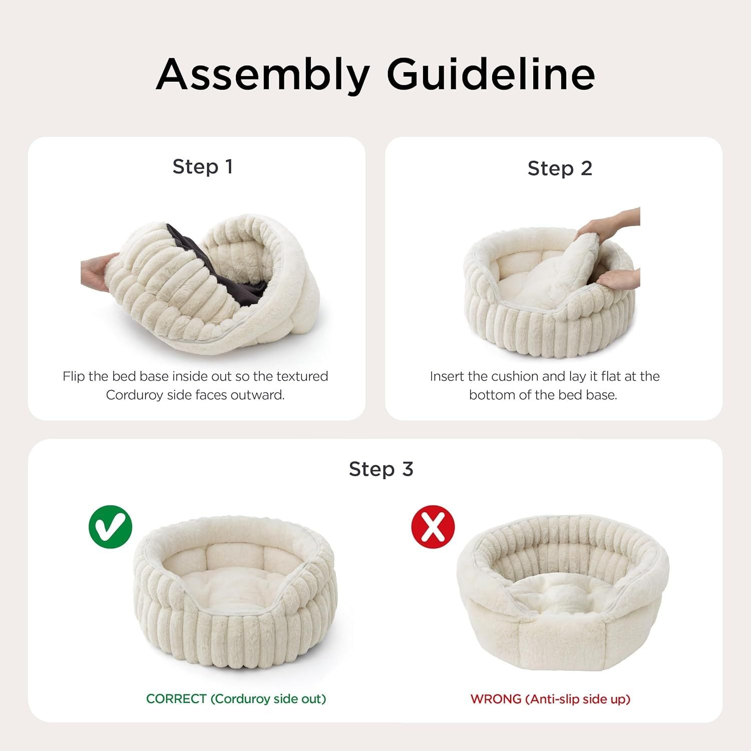 Cat Bed, Washable Round Cute Pet Beds for Indoor Cats, Super Soft Corduroy Kitten Bed with Anti-Slip Bottom, 20''x20''x8'', Cream