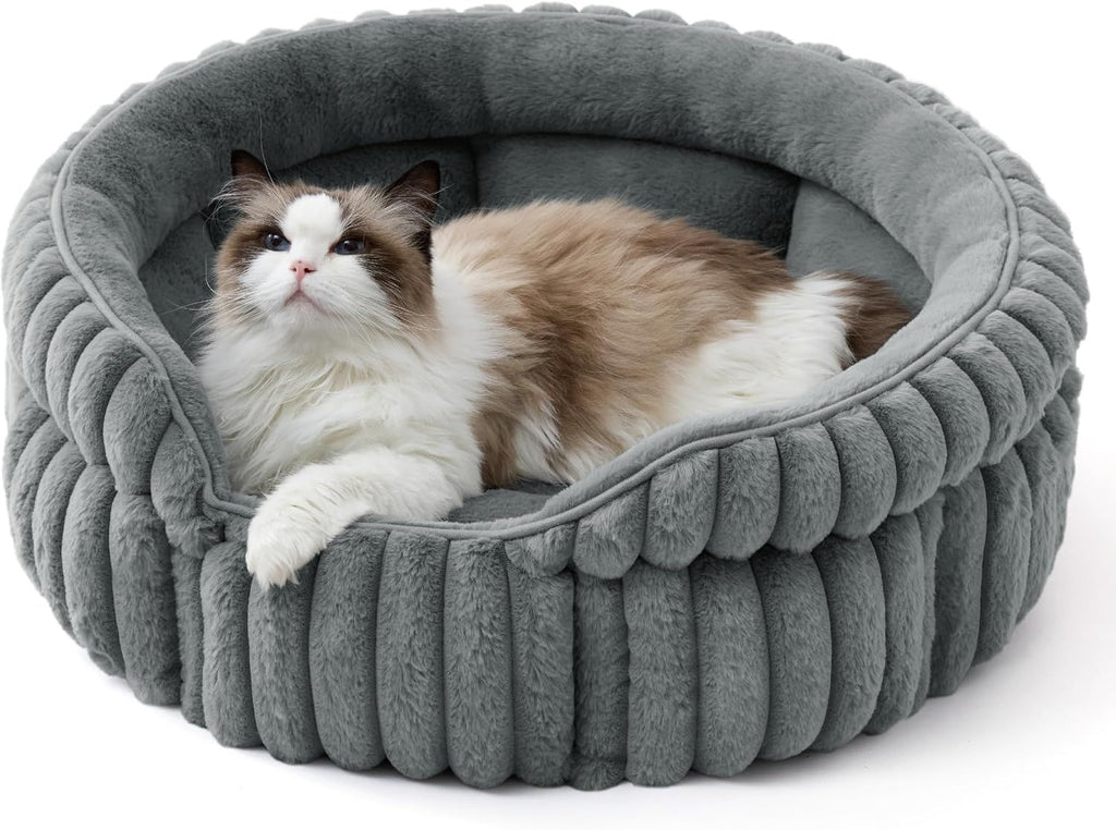 Cat Bed, Washable Round Cute Cat Beds for Indoor Cats, Super Soft Corduroy Pet Bed for Puppy and Kitten with Anti-Slip Bottom, 23''x23''x8.5'', Warm Gray