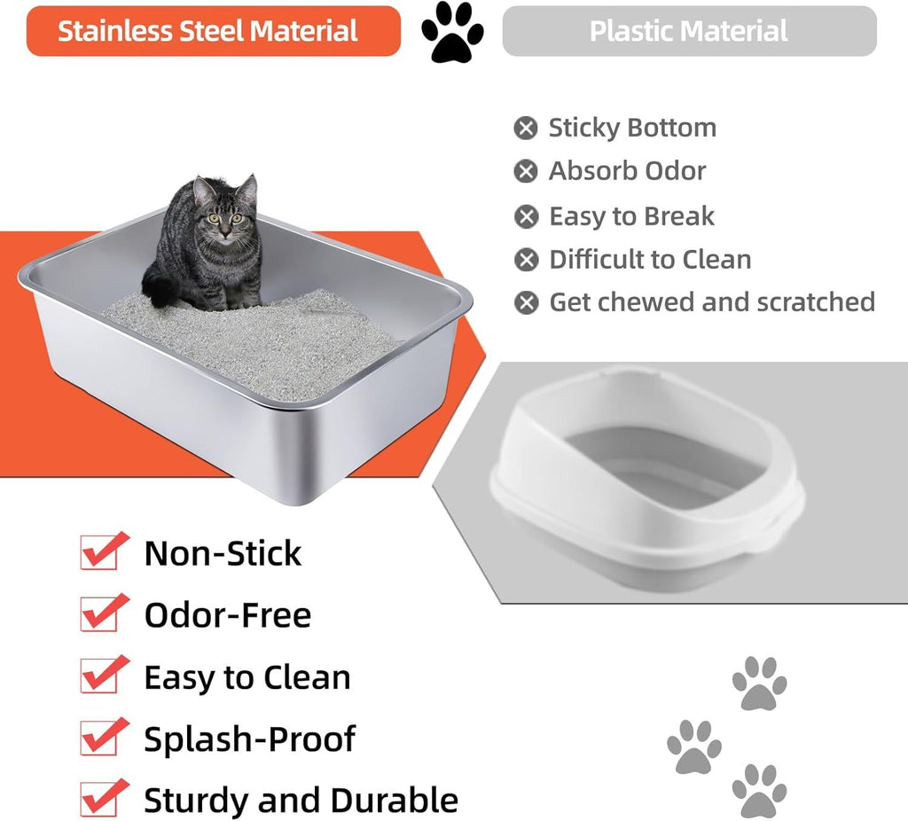 Stainless Steel Cat Litter Box - Large Metal High-Sided Pan for Cats, Pets, Non-Stick, Odor-Free, Easy to Clean, Splash-Proof, Durable (23.6" L x 15.8" W x 8" H)