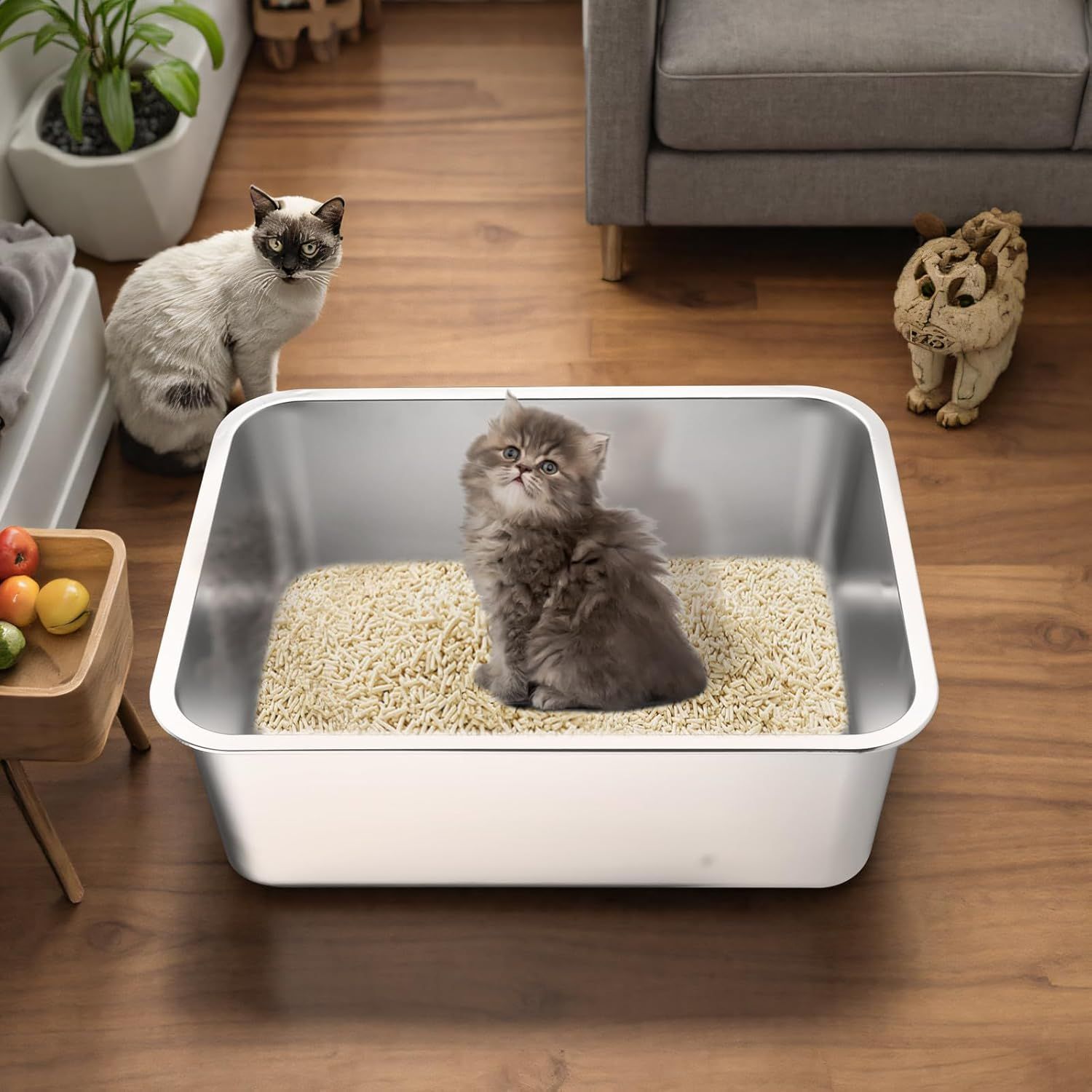 Stainless Steel Cat Litter Box - Large Metal High-Sided Pan for Cats, Pets, Non-Stick, Odor-Free, Easy to Clean, Splash-Proof, Durable (23.6" L x 15.8" W x 8" H)