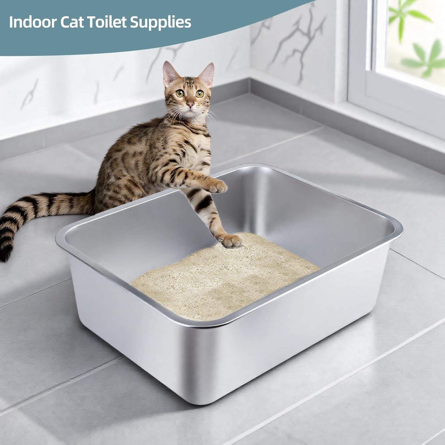Stainless Steel Cat Litter Box - Large Metal High-Sided Pan for Cats, Pets, Non-Stick, Odor-Free, Easy to Clean, Splash-Proof, Durable (23.6" L x 15.8" W x 8" H)