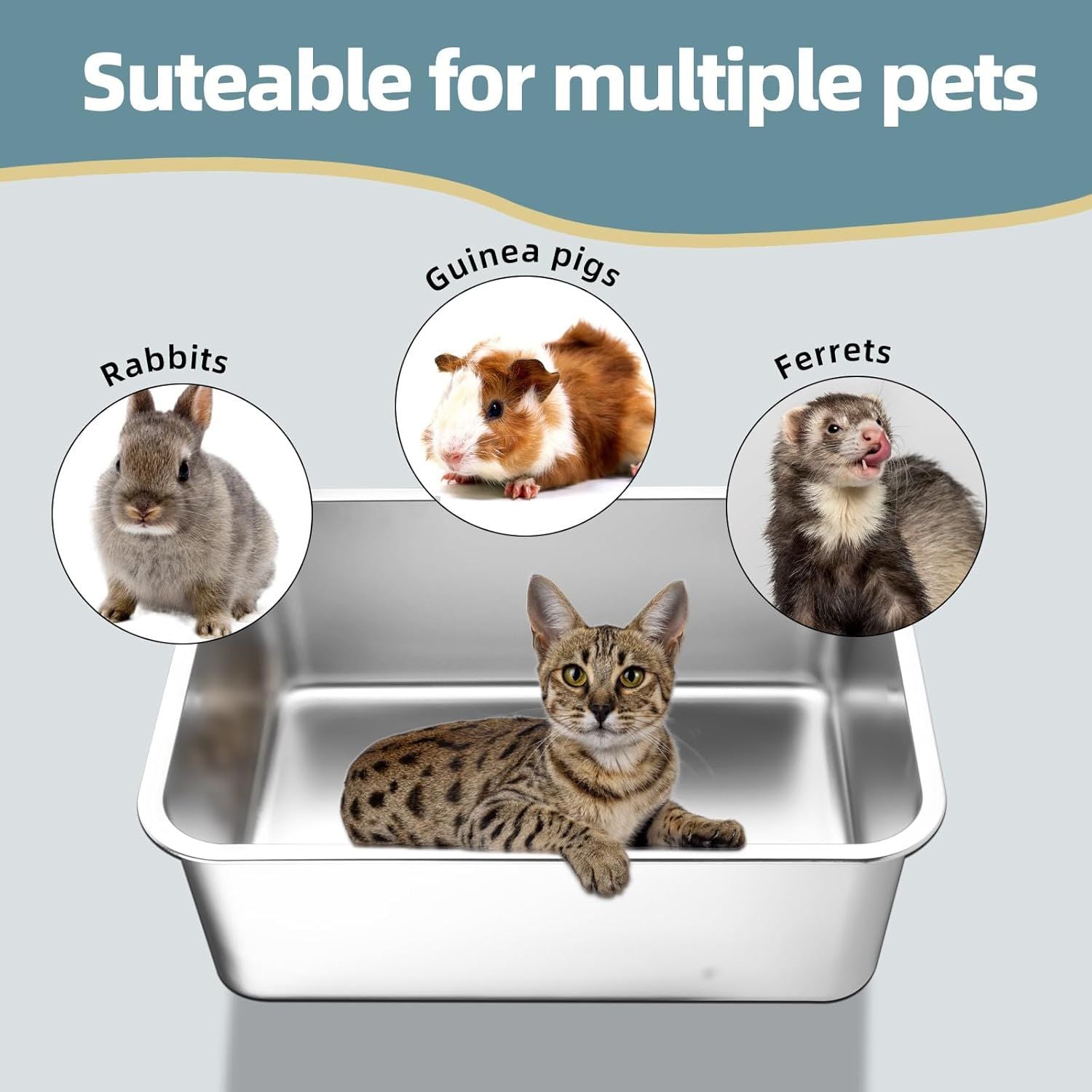 Stainless Steel Cat Litter Box - Large Metal High-Sided Pan for Cats, Pets, Non-Stick, Odor-Free, Easy to Clean, Splash-Proof, Durable (20" L x 13.8" W x 6" H)