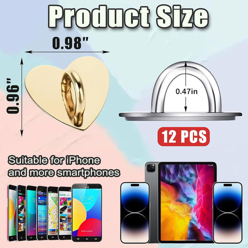12 Pcs Phone Charm Hook Heart-Shaped Universal Adhesive Metal Hook Phone Keychain Hook Surface Plating Heart Cell Phone Ring Holder Suitable for Cell Phone Case Tablet DIY Hanging Accessories (Gold)