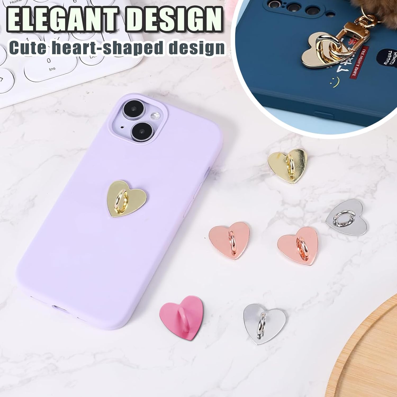 12 Pcs Phone Charm Hook Heart-Shaped Universal Adhesive Metal Hook Phone Keychain Hook Surface Plating Heart Cell Phone Ring Holder Suitable for Cell Phone Case Tablet DIY Hanging Accessories (Gold)