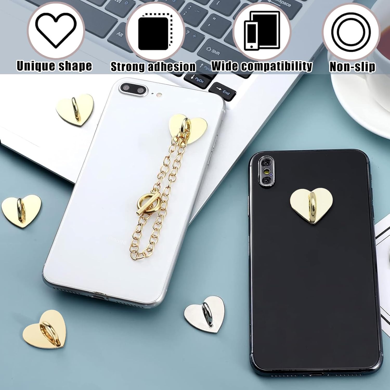 12 Pcs Phone Charm Hook Heart-Shaped Universal Adhesive Metal Hook Phone Keychain Hook Surface Plating Heart Cell Phone Ring Holder Suitable for Cell Phone Case Tablet DIY Hanging Accessories (Gold)