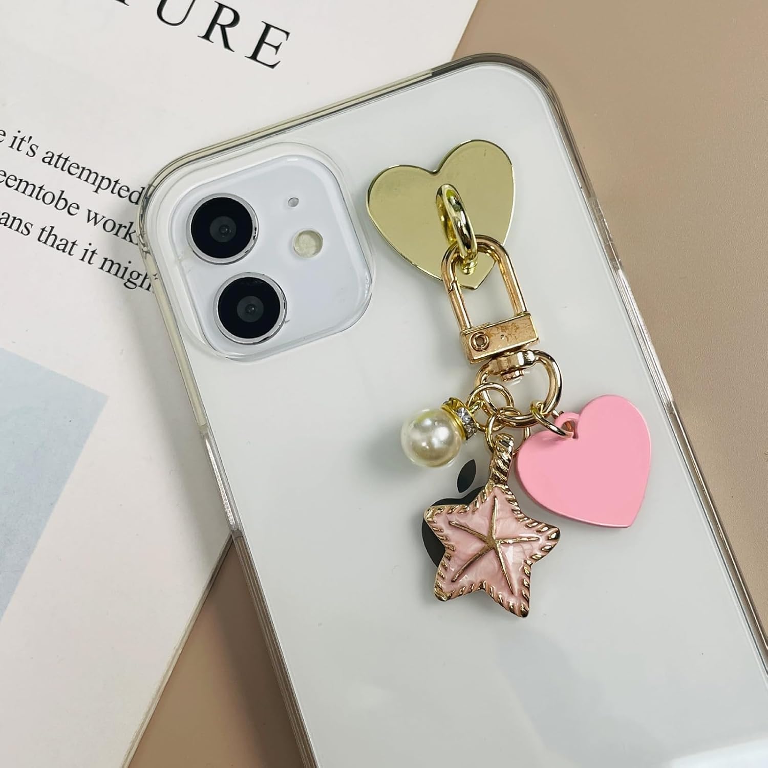 12 Pcs Phone Charm Hook Heart-Shaped Universal Adhesive Metal Hook Phone Keychain Hook Surface Plating Heart Cell Phone Ring Holder Suitable for Cell Phone Case Tablet DIY Hanging Accessories (Gold)