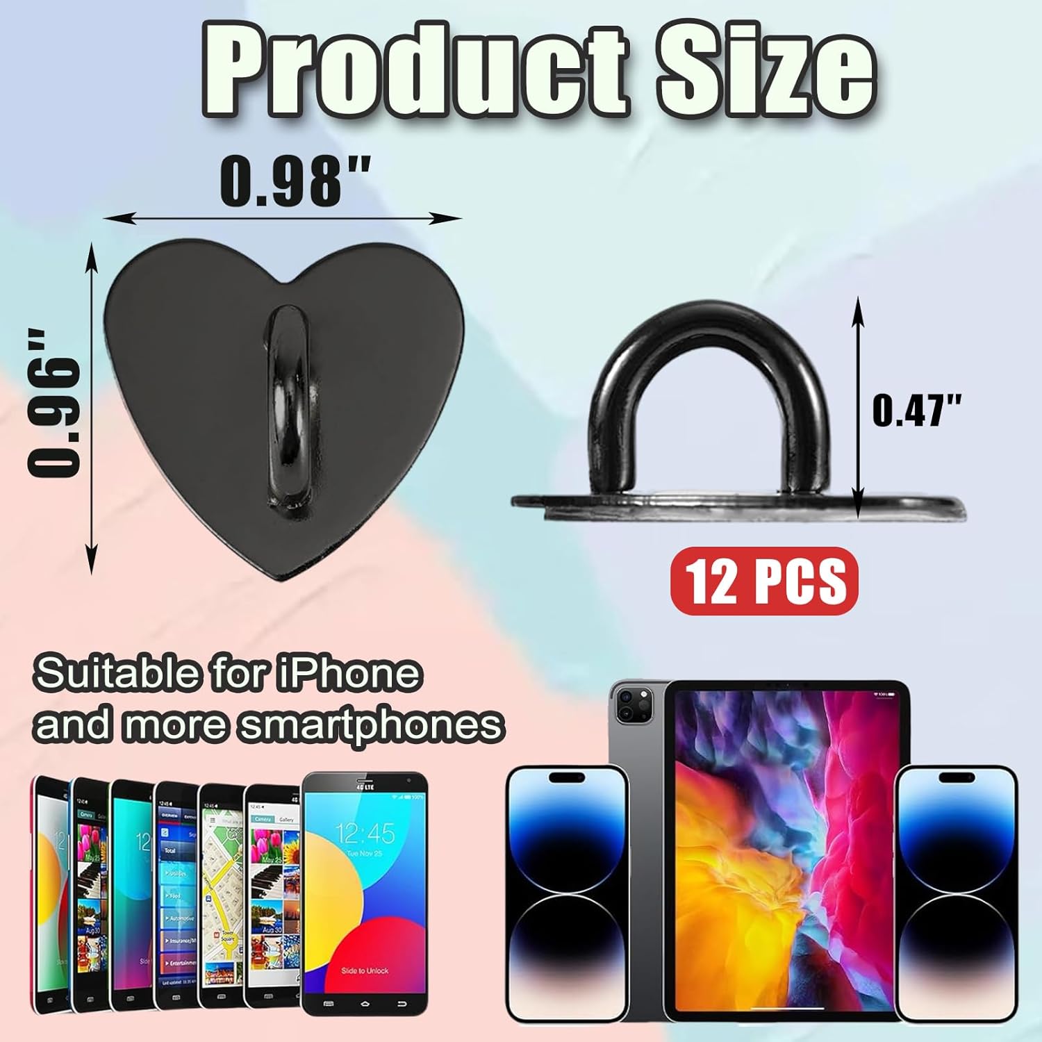 12 Pcs Phone Charm Hook Heart-Shaped Universal Adhesive Metal Hook Phone Keychain Hook Surface Plating Heart Cell Phone Ring Holder Suitable for Cell Phone Case Tablet DIY Hanging Accessories