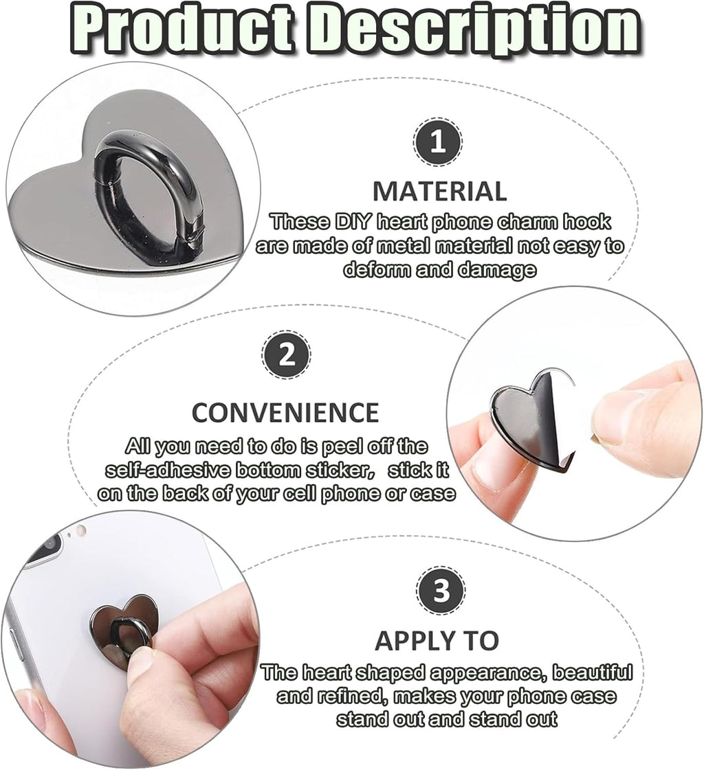 12 Pcs Phone Charm Hook Heart-Shaped Universal Adhesive Metal Hook Phone Keychain Hook Surface Plating Heart Cell Phone Ring Holder Suitable for Cell Phone Case Tablet DIY Hanging Accessories