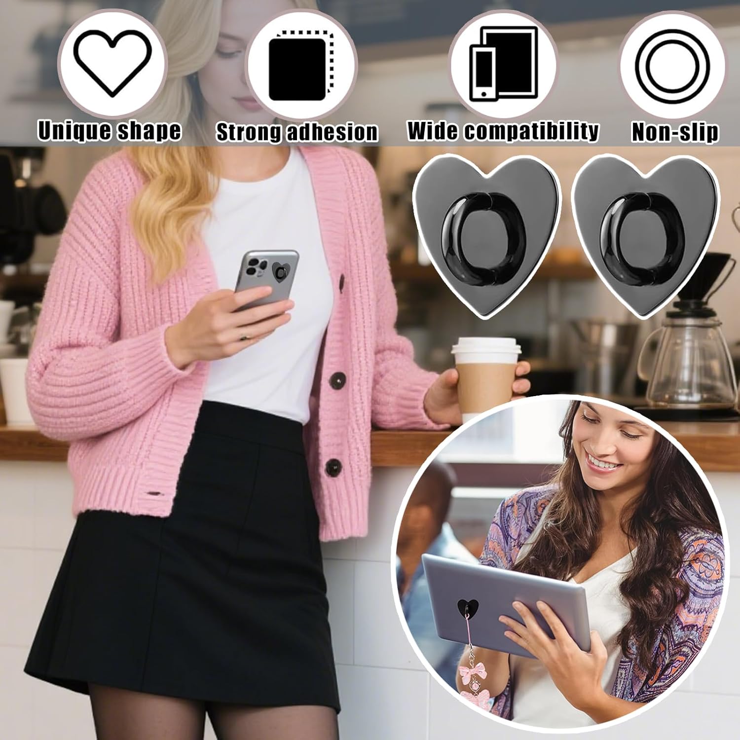 12 Pcs Phone Charm Hook Heart-Shaped Universal Adhesive Metal Hook Phone Keychain Hook Surface Plating Heart Cell Phone Ring Holder Suitable for Cell Phone Case Tablet DIY Hanging Accessories