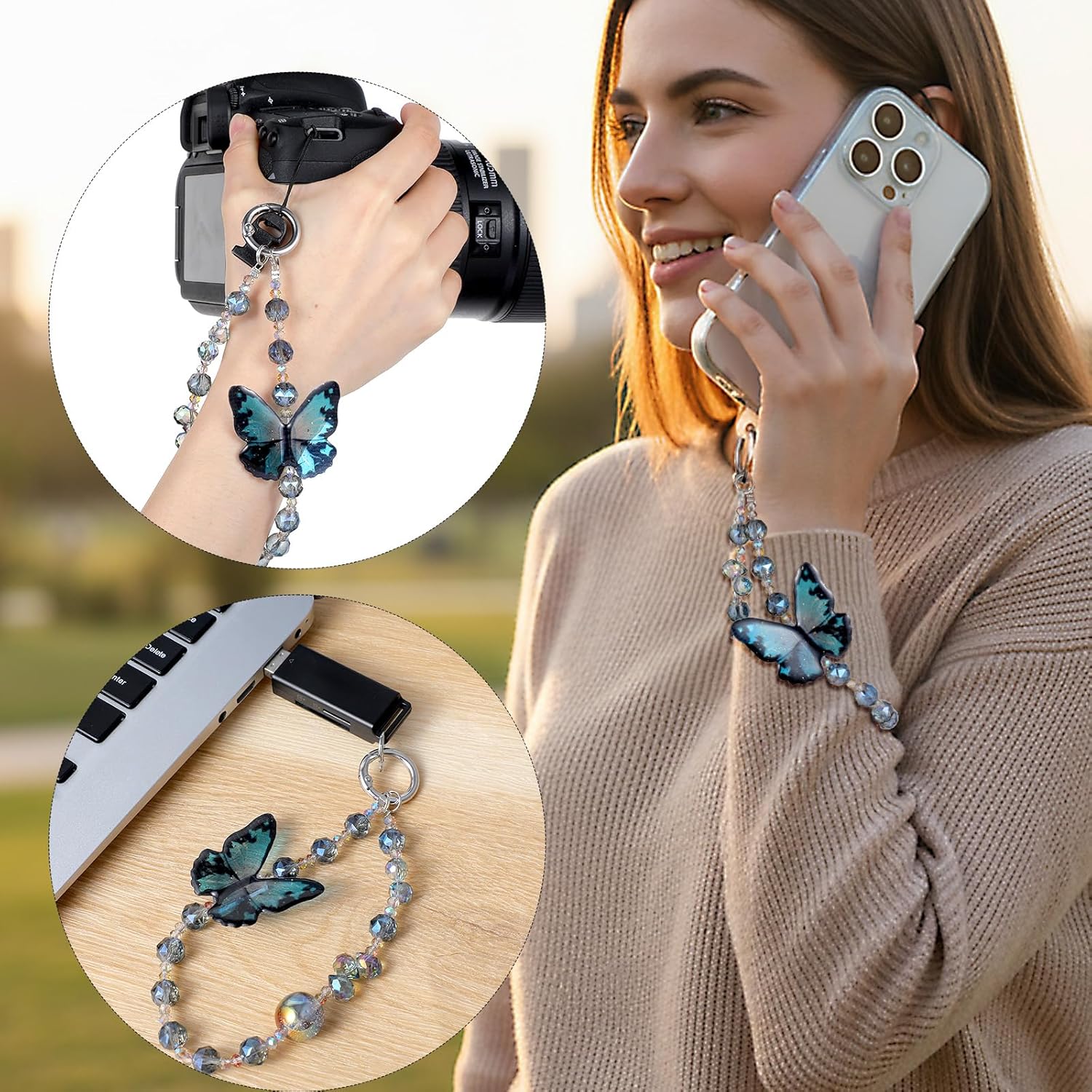 Cute Phone Charm Wrist Strap with Spacer,Butterfly Beaded Phone Chain Wristlet for Case Cellphone Chain Lanyard