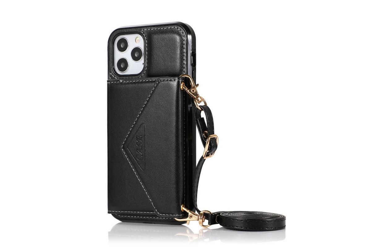 PU Leather Crossbody Phone Case Cover Wallet Card Holder for iPhone 13 Series -Black /iPhone13 Pro Max