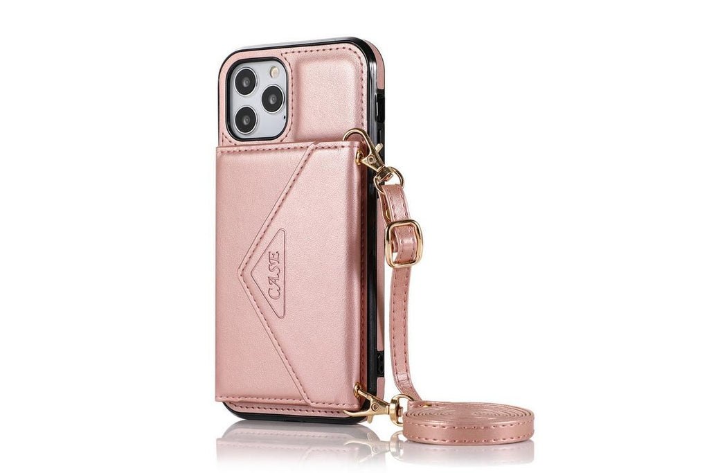 PU Leather Crossbody Phone Case Cover Wallet Card Holder for iPhone 13 Series -Rose Gold /iPhone13 Pro Max