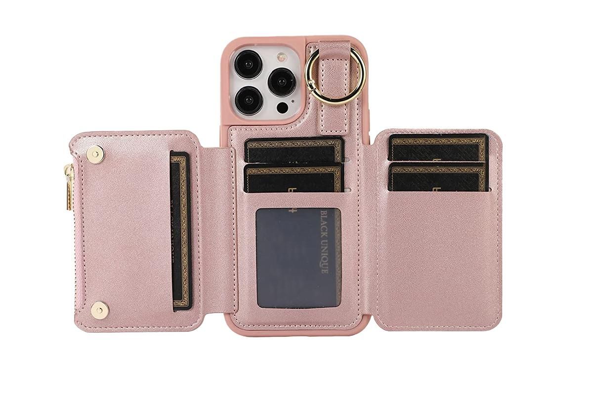 PU Leather Phone Case Wallet Purse for iPhone 14 Series -Rose Gold /iPhone 14 Pro