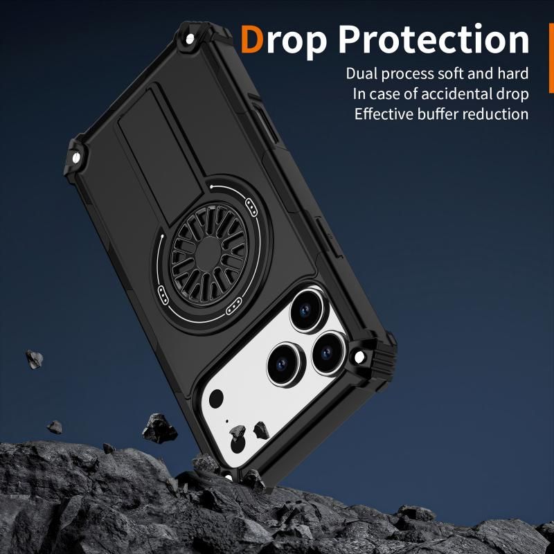 Armor Heavy Duty Magnetic Rotating Ring Kickstand Phone Case For iPhone 17 Plus, Anti-Drop Protective Cover In Black