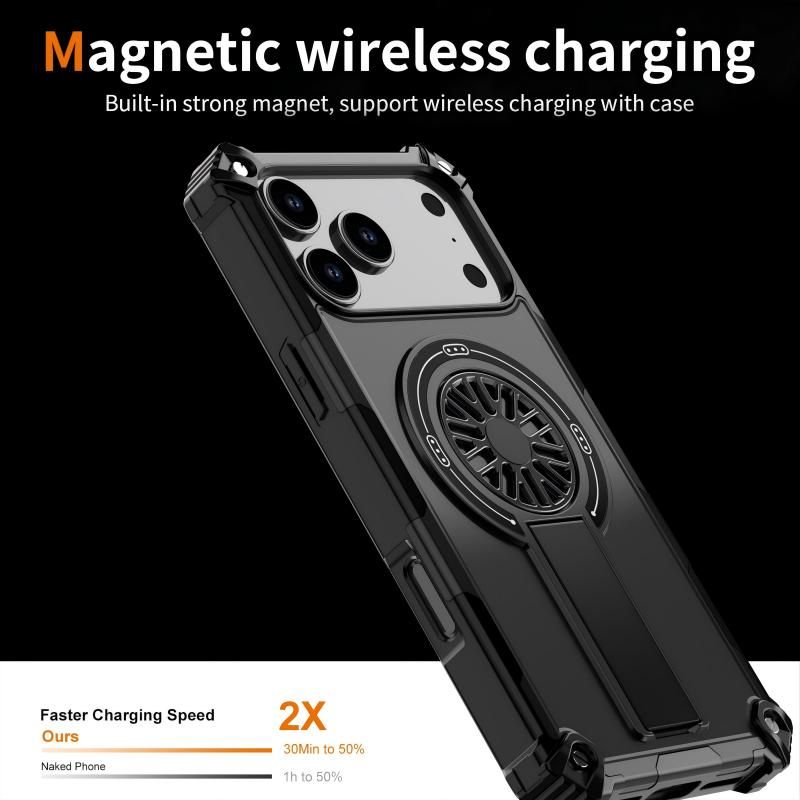 Armor Heavy Duty Magnetic Rotating Ring Kickstand Phone Case For iPhone 17 Pro Max, Anti-Drop Protective Cover In Black