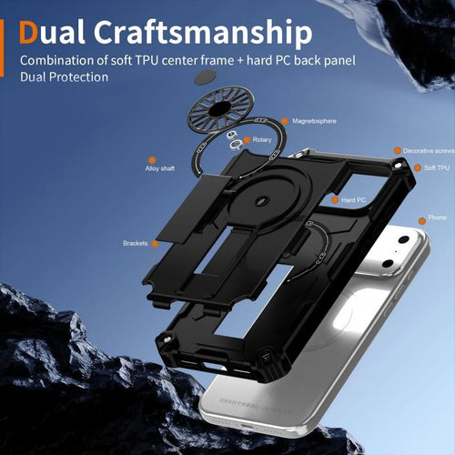Armor Heavy Duty Magnetic Rotating Ring Kickstand Phone Case For iPhone 13, Anti-Drop Protective Cover In Black