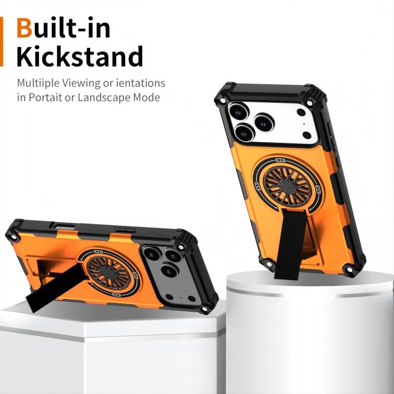 Armor Heavy Duty Magnetic Rotating Ring Kickstand Phone Case For iPhone 14 Pro, Anti-Drop Protective Cover In Orange