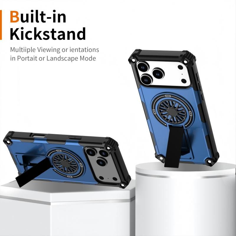 Armor Heavy Duty Magnetic Rotating Ring Kickstand Phone Case For iPhone 17 Plus, Anti-Drop Protective Cover In Blue