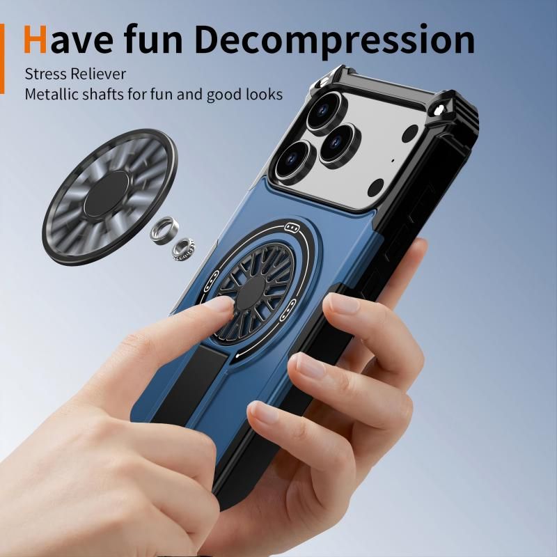 Armor Heavy Duty Magnetic Rotating Ring Kickstand Phone Case For iPhone 16, Anti-Drop Protective Cover In Blue