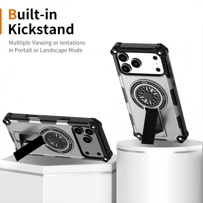 Armor Heavy Duty Magnetic Rotating Ring Kickstand Phone Case For iPhone 16 Pro Max, Anti-Drop Protective Cover In Silver