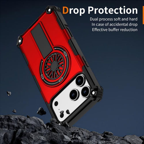 Armor Heavy Duty Magnetic Rotating Ring Kickstand Phone Case For iPhone 14 Pro Max, Anti-Drop Protective Cover In Red