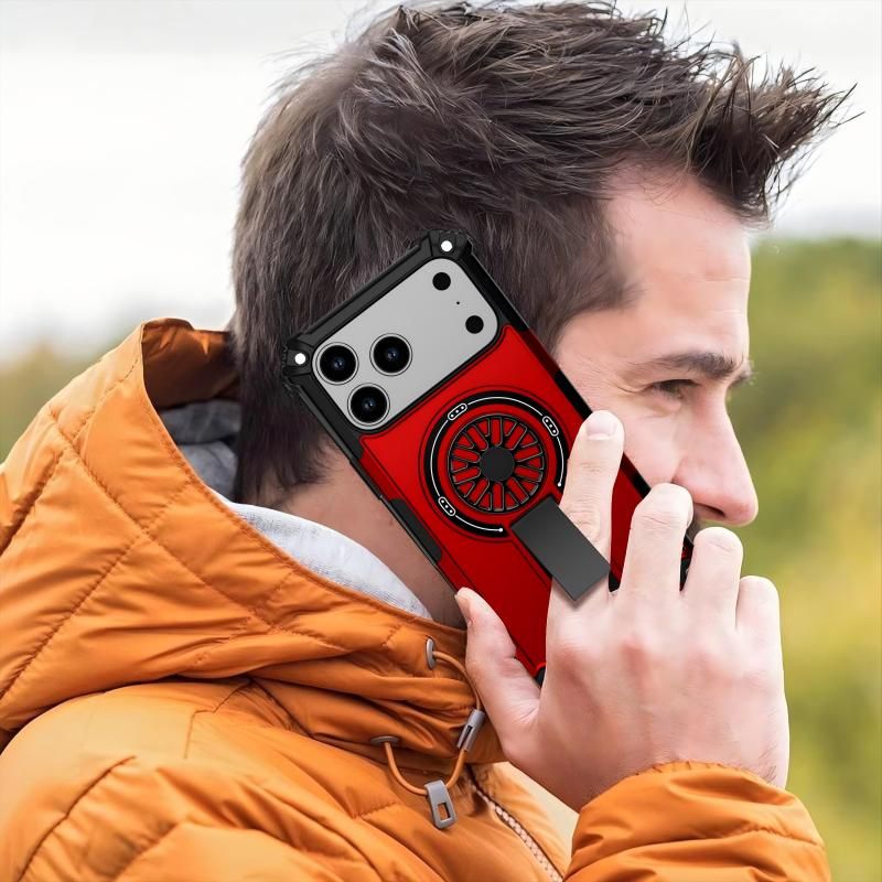 Armor Heavy Duty Magnetic Rotating Ring Kickstand Phone Case For iPhone 14 Pro Anti-Drop Protective Cover In Red