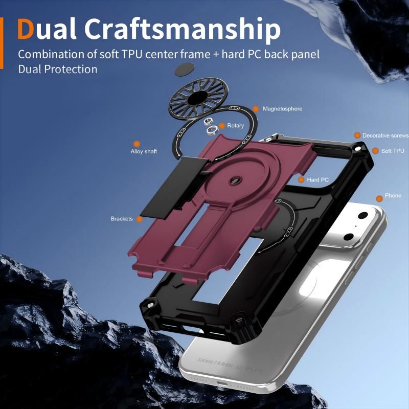 Armor Heavy Duty Magnetic Rotating Ring Kickstand Phone Case For iPhone 16 Pro, Anti-Drop Protective Cover In Purple