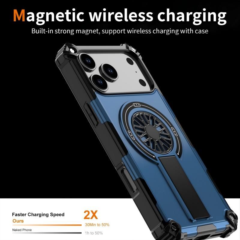 Armor Heavy Duty Magnetic Rotating Ring Kickstand Phone Case For iPhone 15 Pro, Anti-Drop Protective Cover In Blue