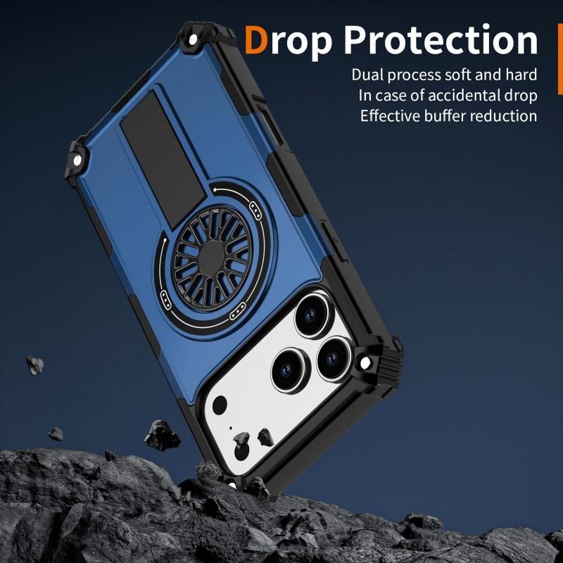 Armor Heavy Duty Magnetic Rotating Ring Kickstand Phone Case For iPhone 15 Pro, Anti-Drop Protective Cover In Blue