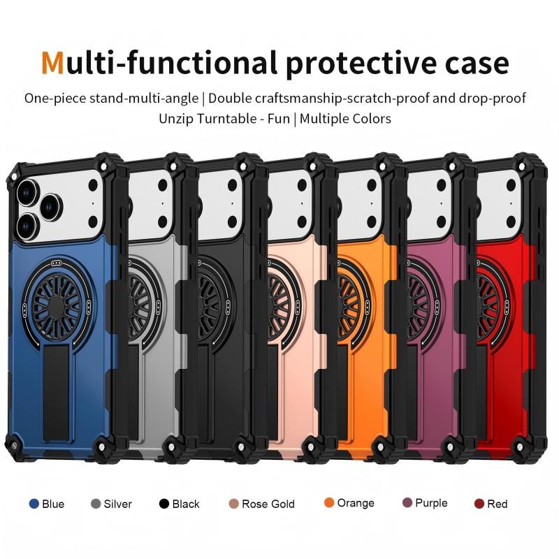Armor Heavy Duty Magnetic Rotating Ring Kickstand Phone Case For iPhone 15 Pro, Anti-Drop Protective Cover In Blue