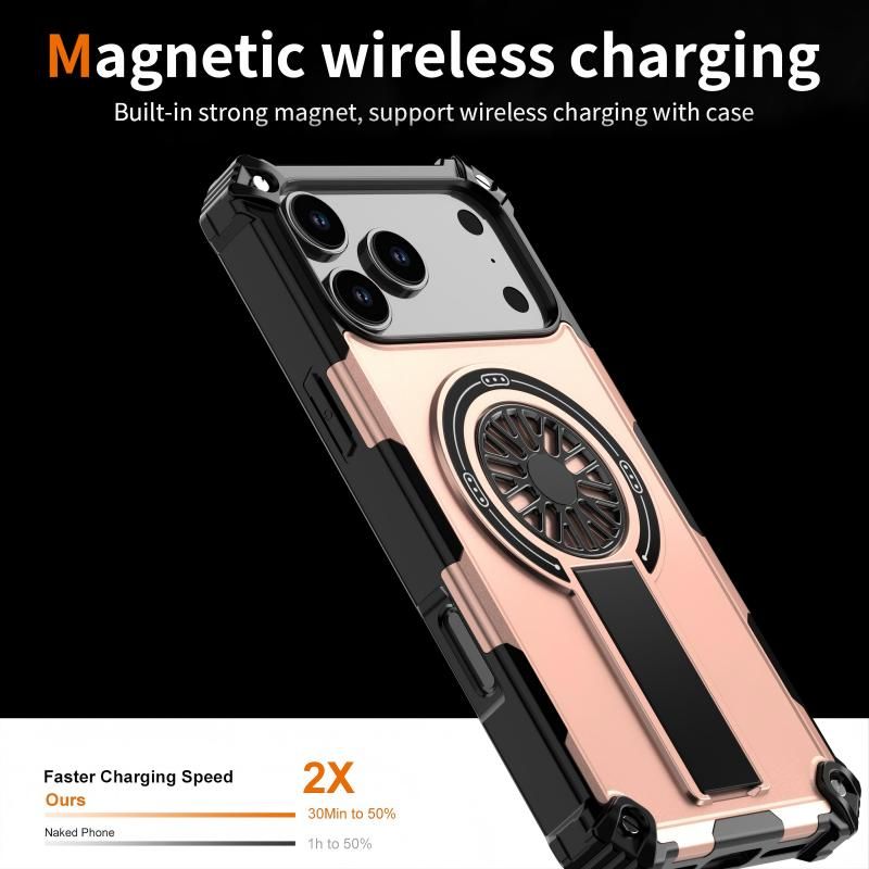 Armor Heavy Duty Magnetic Rotating Ring Kickstand Phone Case For iPhone 13 Pro Max, Anti-Drop Protective Cover In RoseGold