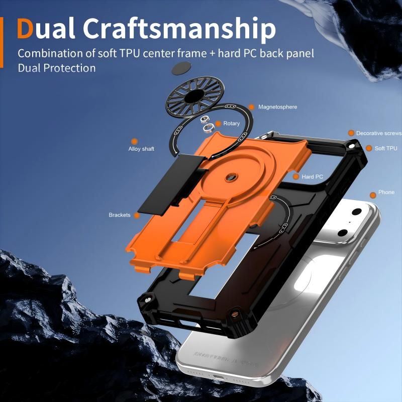 Armor Heavy Duty Magnetic Rotating Ring Kickstand Phone Case For iPhone 13, Anti-Drop Protective Cover In Orange