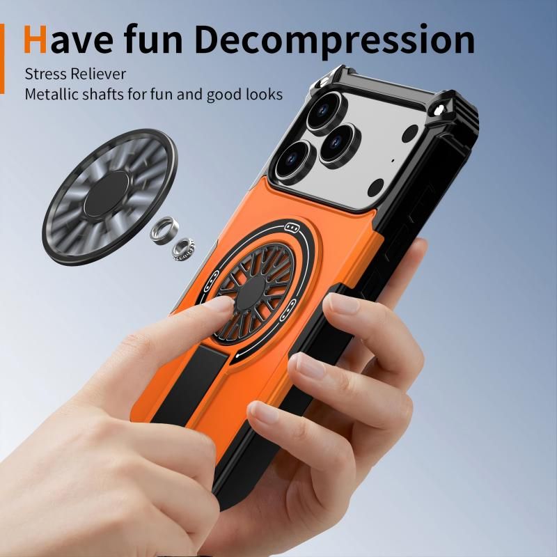 Armor Heavy Duty Magnetic Rotating Ring Kickstand Phone Case For iPhone 13 Pro Max, Anti-Drop Protective Cover In Orange