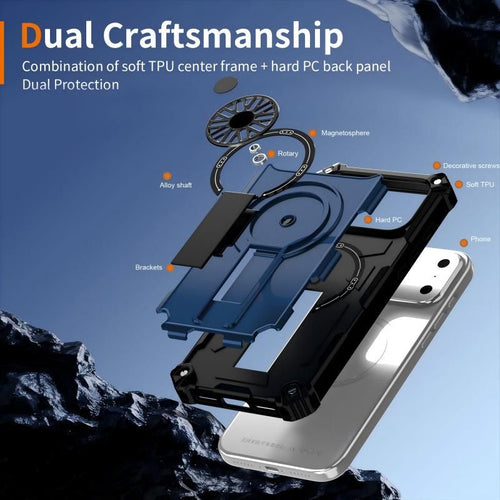 Armor Heavy Duty Magnetic Rotating Ring Kickstand Phone Case For iPhone 13 Pro Max, Anti-Drop Protective Cover In Blue