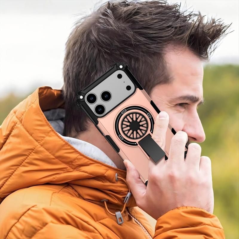 Armor Heavy Duty Magnetic Rotating Ring Kickstand Phone Case For iPhone 15, Anti-Drop Protective Cover In RoseGold