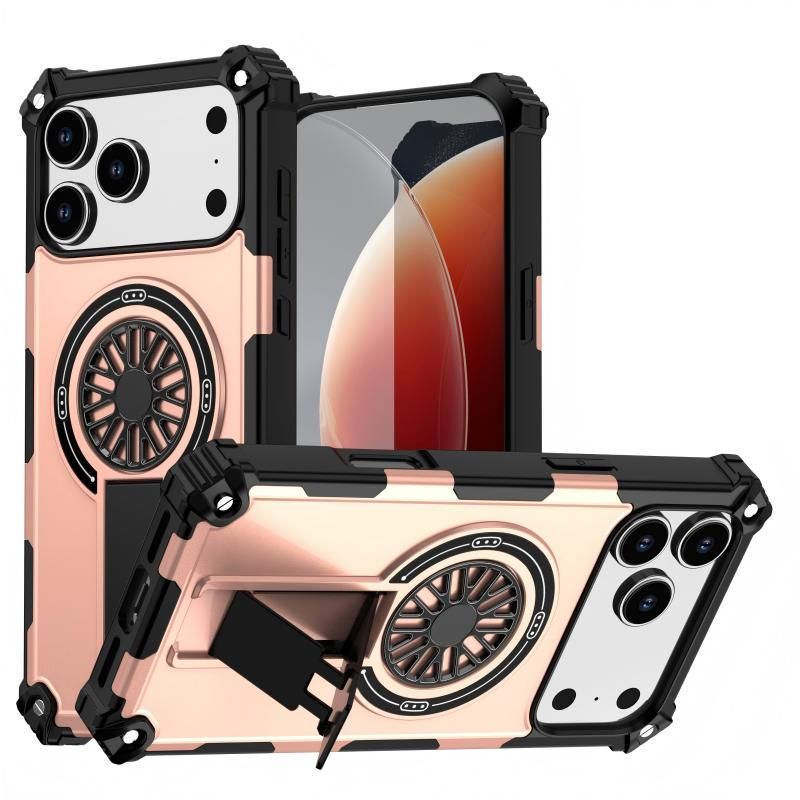 Armor Heavy Duty Magnetic Rotating Ring Kickstand Phone Case For iPhone 17 Pro Max, Anti-Drop Protective Cover In RoseGold