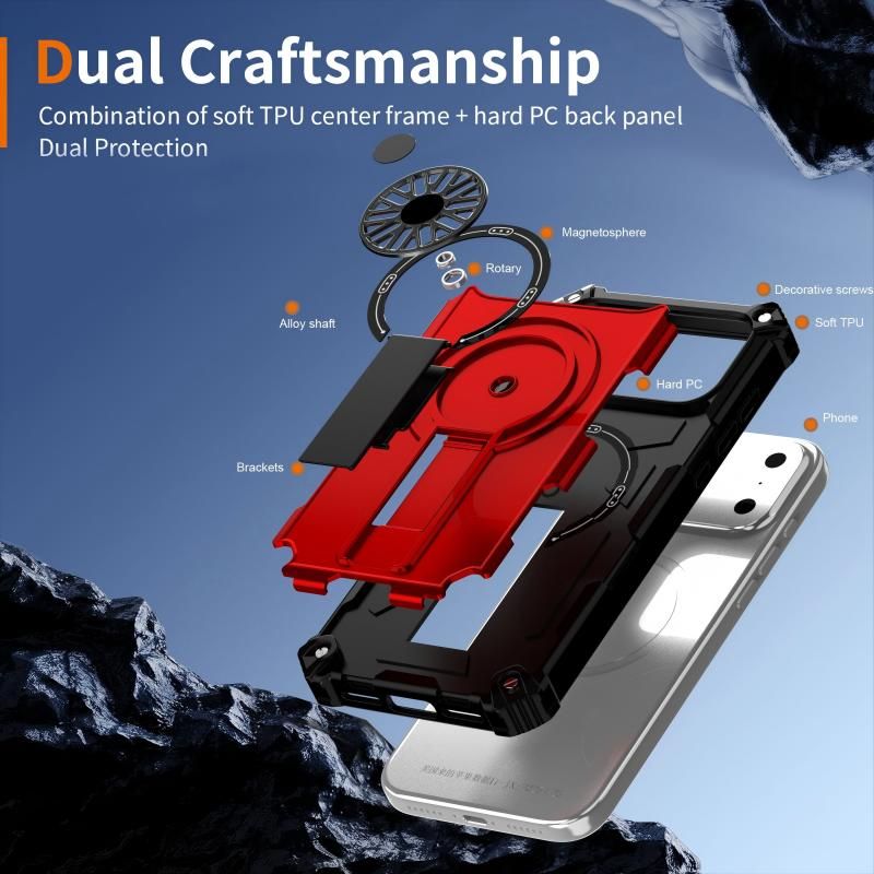 Armor Heavy Duty Magnetic Rotating Ring Kickstand Phone Case For iPhone 17 Plus, Anti-Drop Protective Cover In Red