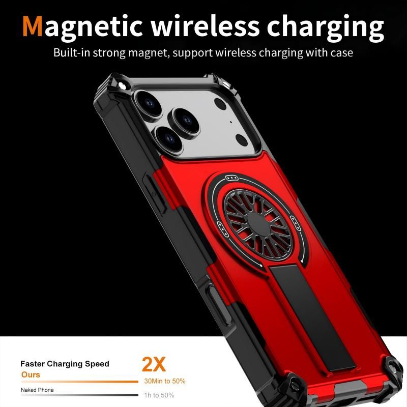 Armor Heavy Duty Magnetic Rotating Ring Kickstand Phone Case For iPhone 17 Pro, Anti-Drop Protective Cover In Red