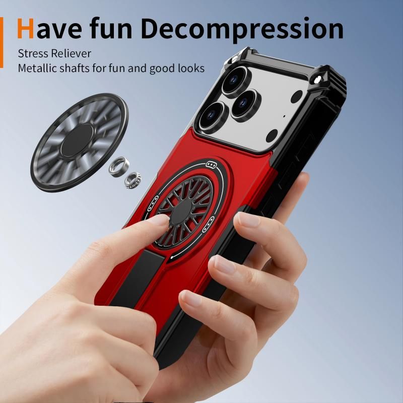Armor Heavy Duty Magnetic Rotating Ring Kickstand Phone Case For iPhone 16, Anti-Drop Protective Cover In Red