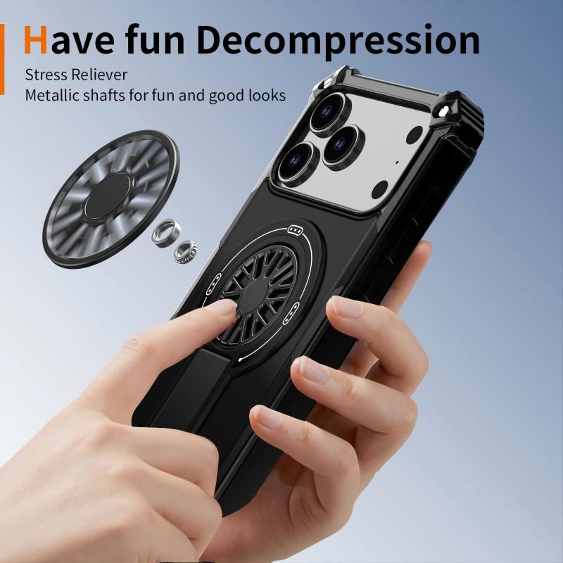 Armor Heavy Duty Magnetic Rotating Ring Kickstand Phone Case For iPhone 16 Pro, Anti-Drop Protective Cover In Black