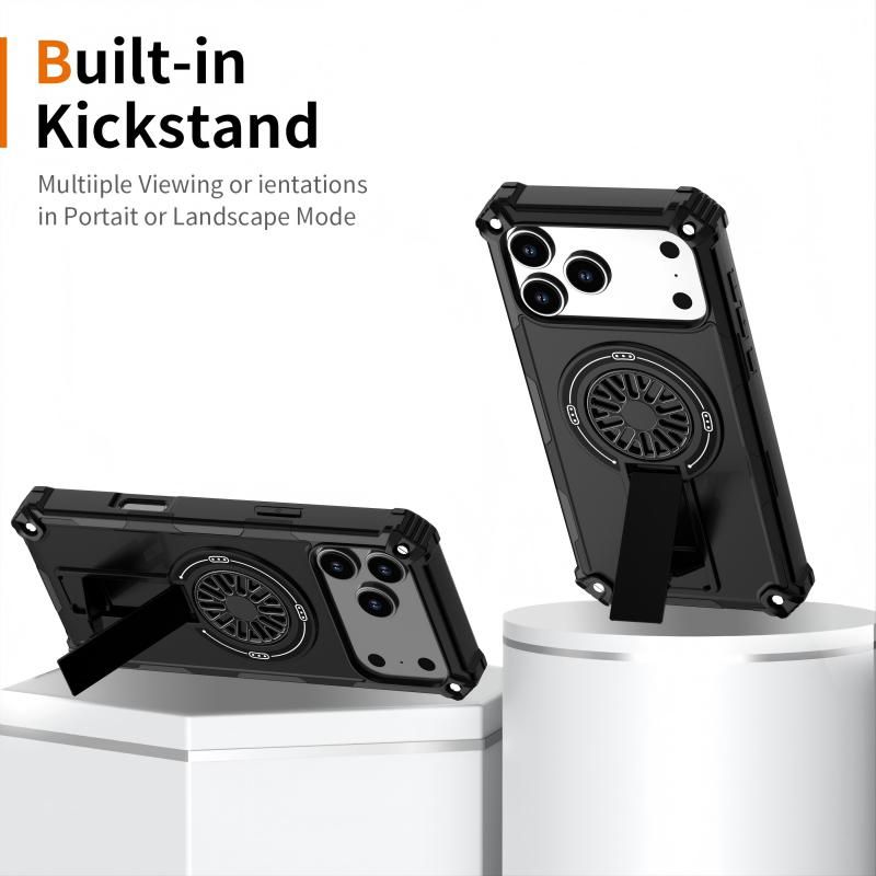 Armor Heavy Duty Magnetic Rotating Ring Kickstand Phone Case For iPhone 16, Anti-Drop Protective Cover In Black