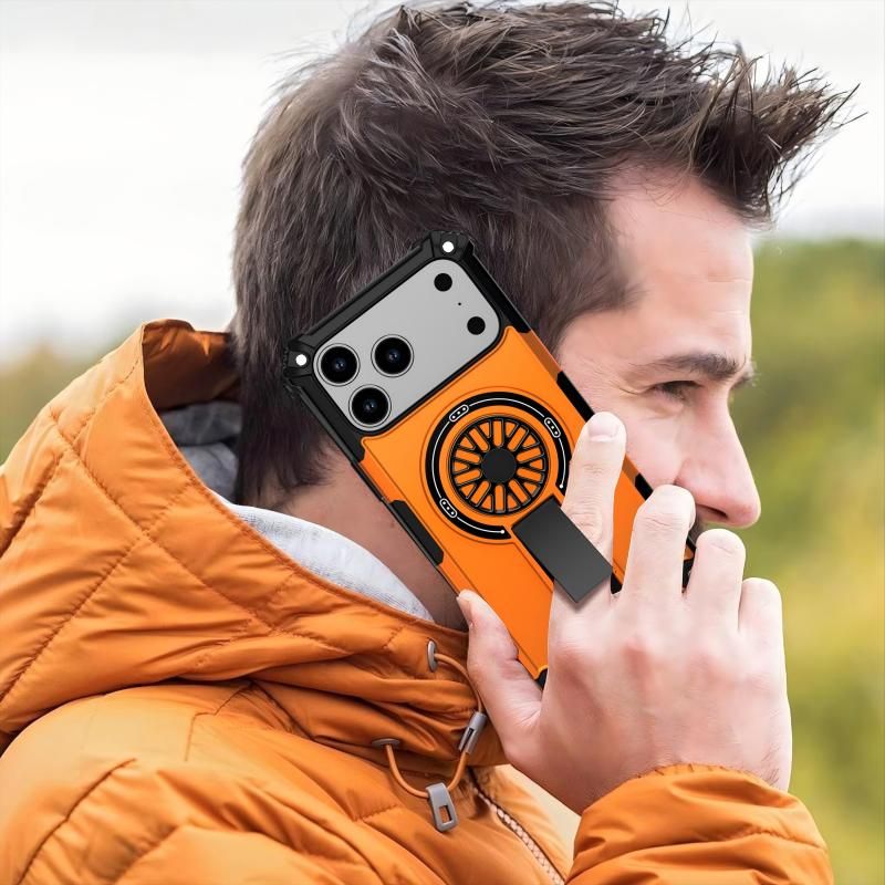 Armor Heavy Duty Magnetic Rotating Ring Kickstand Phone Case For iPhone 16 Pro, Anti-Drop Protective Cover In Orange