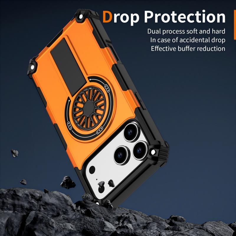 Armor Heavy Duty Magnetic Rotating Ring Kickstand Phone Case For iPhone 16 Pro, Anti-Drop Protective Cover In Orange