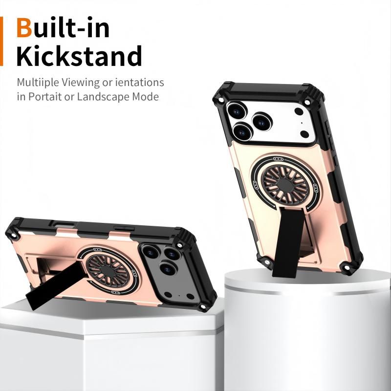 Armor Heavy Duty Magnetic Rotating Ring Kickstand Phone Case For iPhone 16 Pro, Anti-Drop Protective Cover In RoseGold